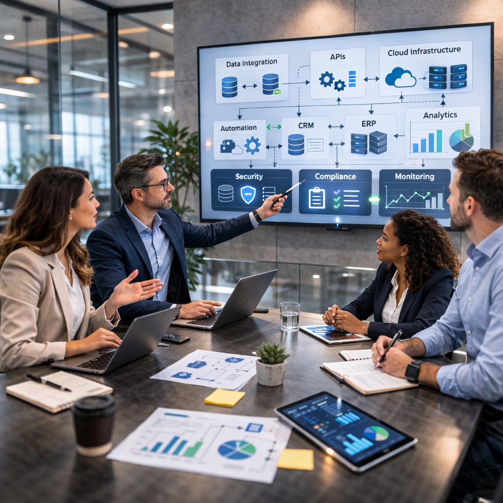 Cross-functional leaders aligning operations and architecture before scaling to production.